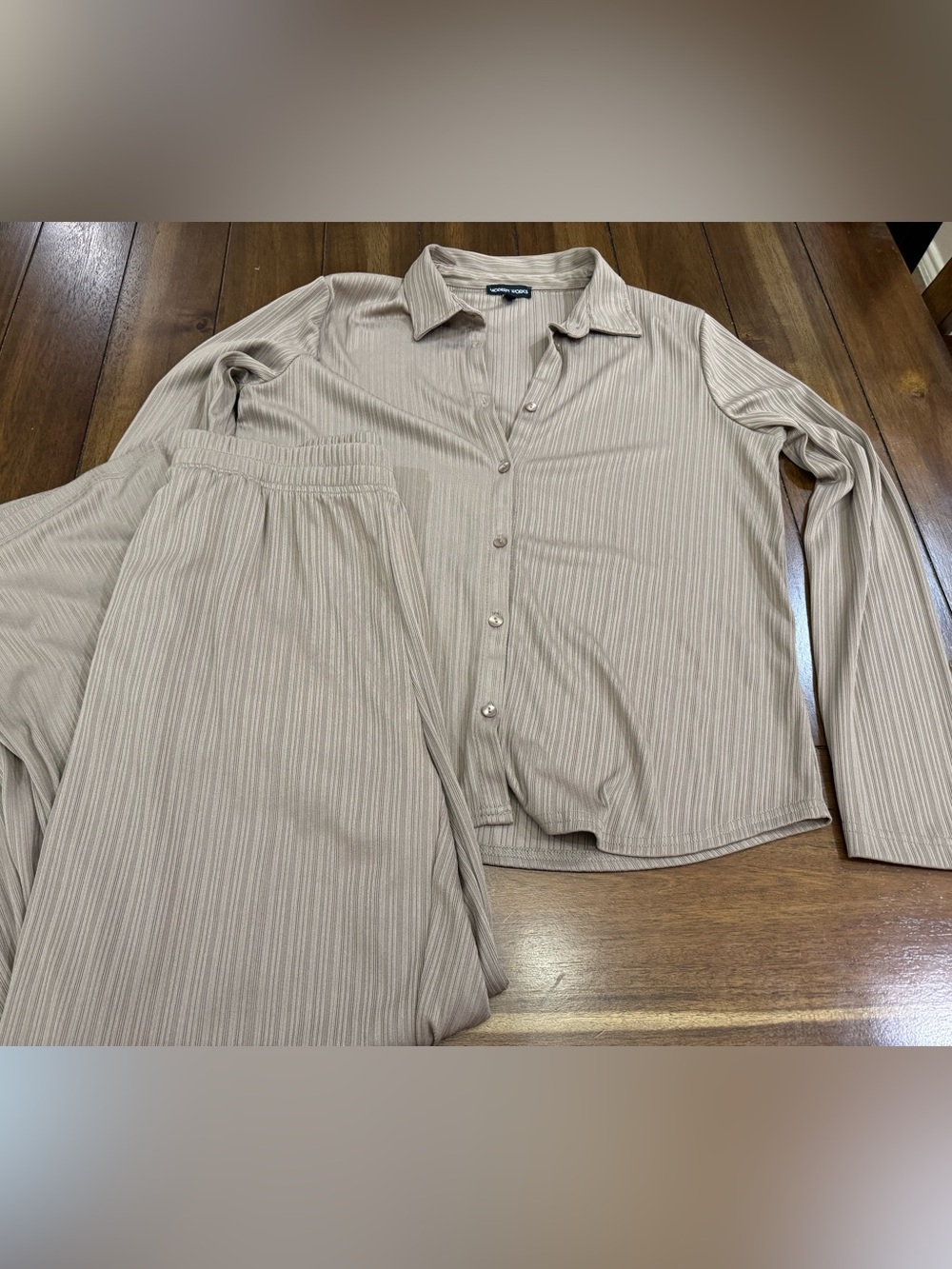 Modern Works Ribbed Co-Ord Set Size M Tan Button Down Shirt Wide Leg Pants